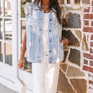 POL denim Jean Pearl Embellished  Vest Size large